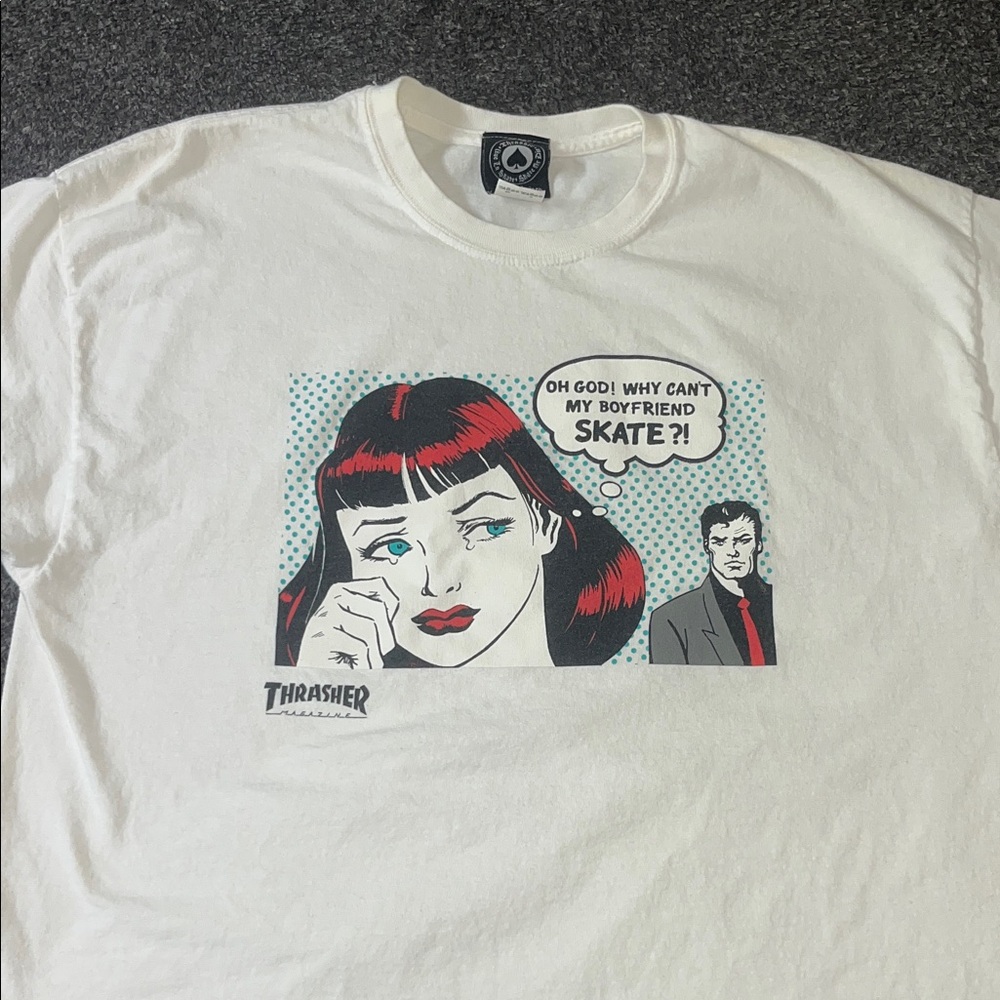 Thrasher White Tee with Retro Comic Design